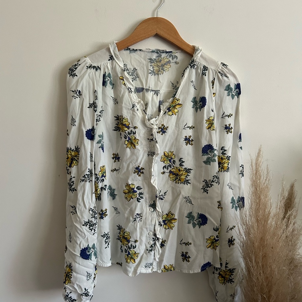 Mango White Floral Ruffle-Trim Button Front Blouse